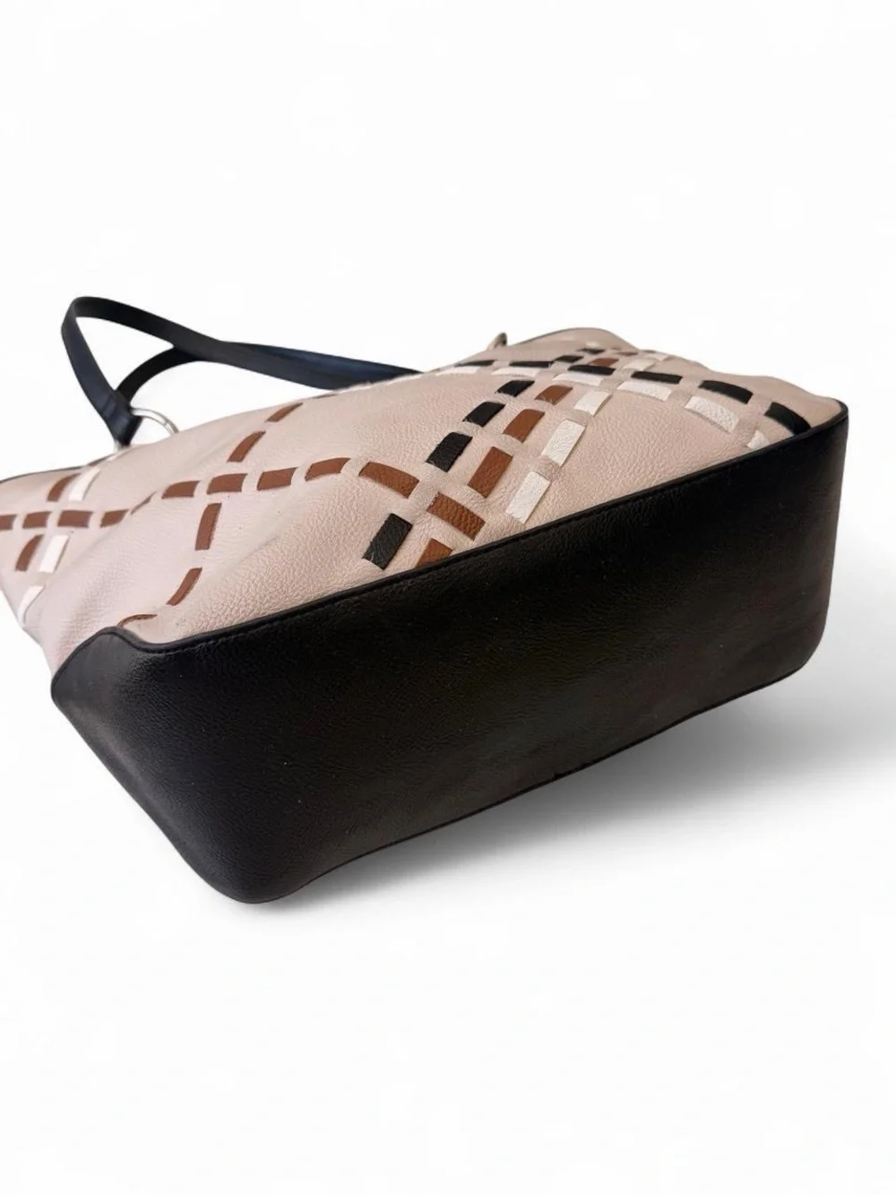 Nine West Beige Plaid Tote with Black Trim and Brown Accents